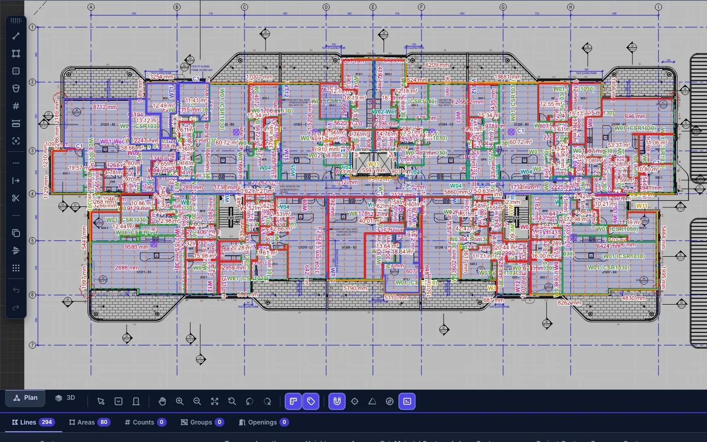 LiteSpec with walls and ceilings detected and measured on an architectural floor plan