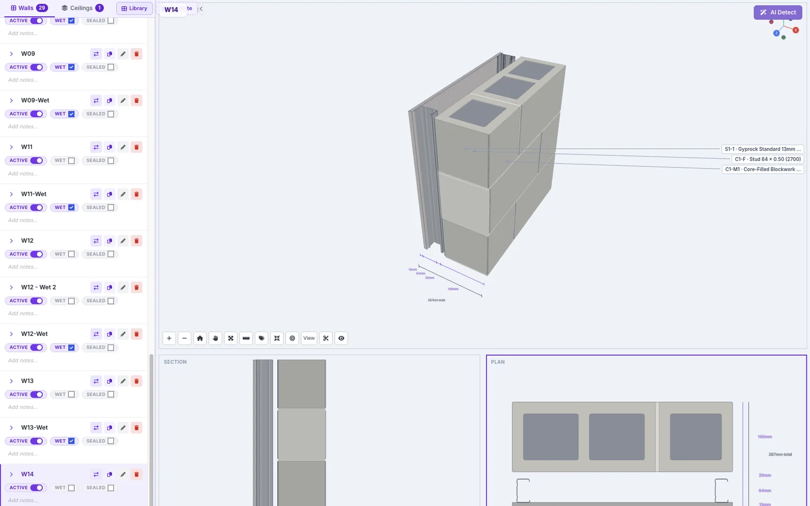 LiteSpec wall system shown in 3D with section and plan views